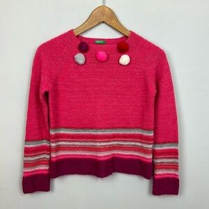 Vintage United Colors of Benetton Girls Wool/Mohair Blend Pom Pom Sweater Sz XL